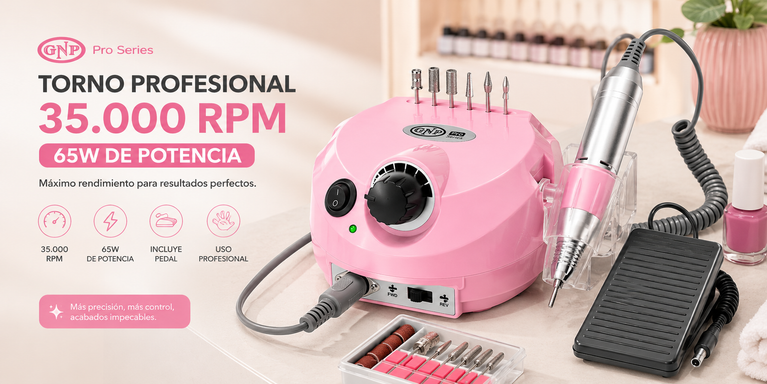Torno profesional GNP Pro Series de 35.000 RPM y 65W de potencia para manicura y pedicura, incluye pedal y fresas