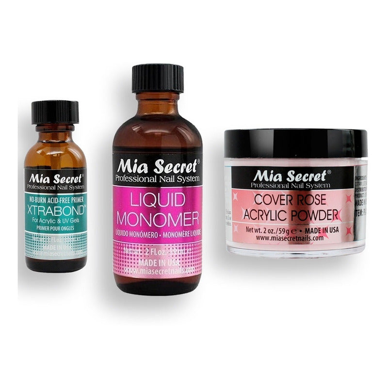 Mia Secret Liquido 59ml, Cover Uñas 59gr, Primer 30ml.