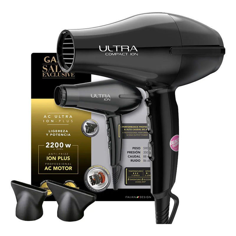 Secador Gama Ultra Ion 2200w, 2 Boquillas. Cable Largo Negro