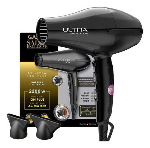 Secador Gama Ultra Ion 2200w, 2 Boquillas. Cable Largo Negro
