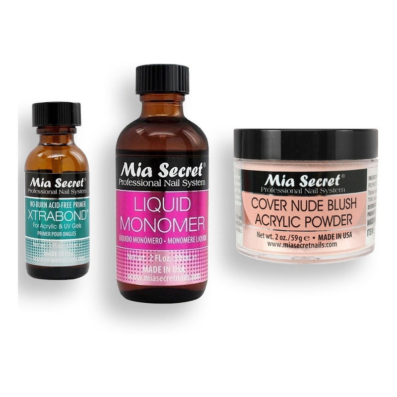 Mia Secret Liquido 59ml, Cover Uñas 59gr, Primer 30ml.