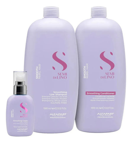 Shampoo Alfaparf Semi Di Lino Smooth 1000ml + Acondicionador 1000ml + Fluido 125ml Cabello Liso