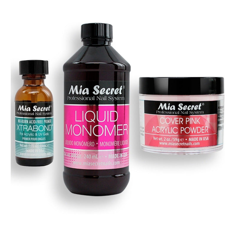 Mia Secret Liquido 240ml, Cover Uñas 59gr, Primer 30ml. Nice