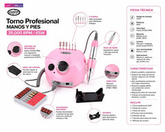 Torno Para Uñas Gnp 35.000 Rpm 65w Pink Ritual. Con Pedal Manos Y Pies Uso Profesional Original Con Transformador Interno Incluye 6 Puntas Soporte Y Bandas De Lija Rosa Claro