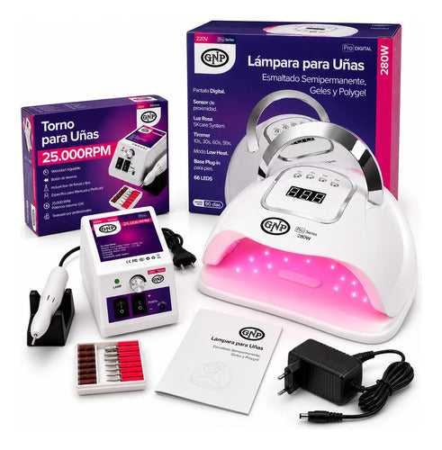 Lámpara Uv Para Uñas Gnp 280w Digital + Torno Gnp 25000 Rpm