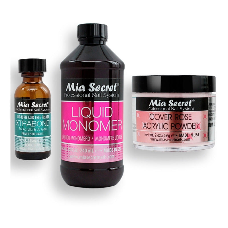 Mia Secret Liquido 240ml, Cover Uñas 59gr, Primer 30ml. Nice