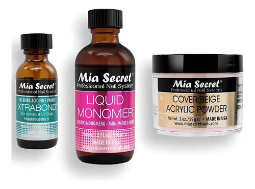 Mia Secret Liquido 59ml, Cover Uñas 59gr, Primer 30ml.