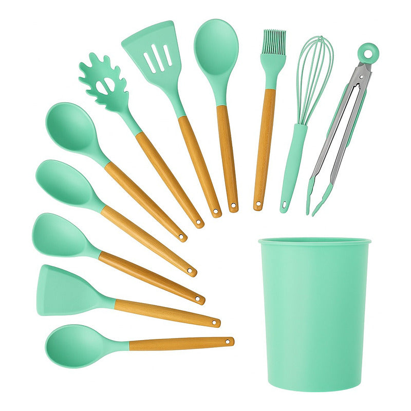 Set 12 Utensilios Cocina Silicona Y Madera Antiadherentes