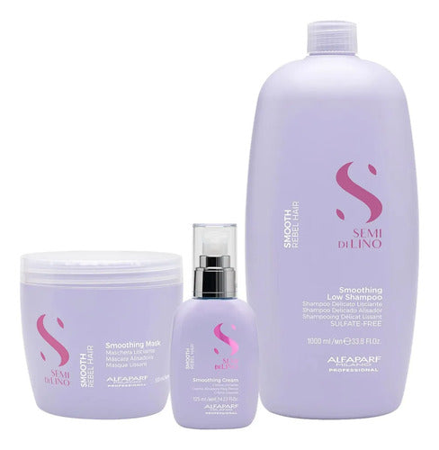 Shampoo Alfaparf Semi Di Lino Smooth 1000ml + Máscara 500ml + Fluido 125ml Frizz Control