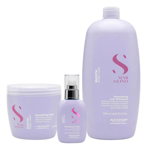 Shampoo Alfaparf Semi Di Lino Smooth 1000ml + Máscara 500ml + Fluido 125ml Frizz Control