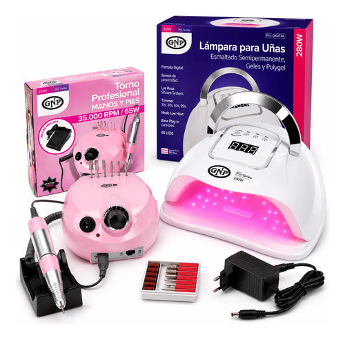 Lámpara Uv Para Uñas Gnp 280w + Torno Gnp 35000 Rpm C/pedal Blanco