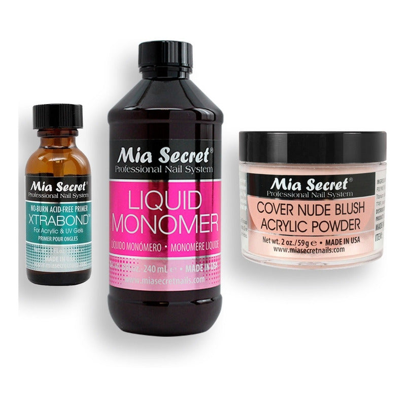 Mia Secret Liquido 240ml, Cover Uñas 59gr, Primer 30ml. Nice