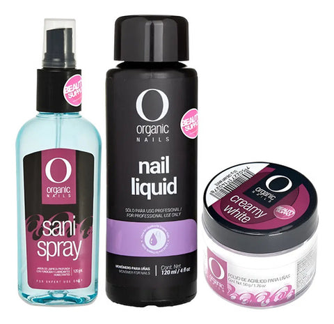 Kit Uñas Acrilico Organic, Monomero De 120ml Y Sani Spray