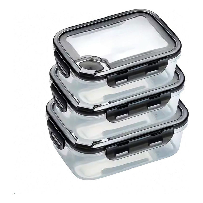 Set De 3 Recipientes Herméticos Para Heladera Y Microondas Transparente Y Negro