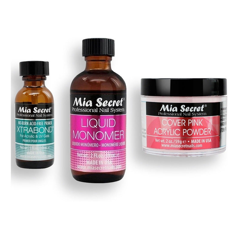 Mia Secret Liquido 59ml, Cover Uñas 59gr, Primer 30ml.