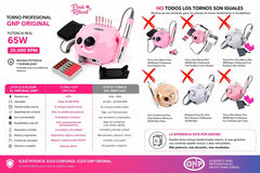 Torno Para Uñas Gnp 35.000 Rpm 65w Pink Ritual. Con Pedal Manos Y Pies Uso Profesional Original Con Transformador Interno Incluye 6 Puntas Soporte Y Bandas De Lija Rosa Claro