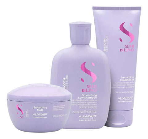 Shampoo Alfaparf Semi Di Lino Smooth 250ml + Acondicionador 200ml + Máscara 200ml Anti Frizz