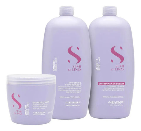 Shampoo Alfaparf Semi Di Lino Smooth 1000ml + Acondicionador 1000ml + Máscara 500ml Cabello Disciplinado