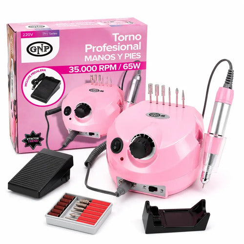 Torno Para Uñas Gnp 35.000 Rpm 65w Pink Ritual. Con Pedal Manos Y Pies Uso Profesional Original Con Transformador Interno Incluye 6 Puntas Soporte Y Bandas De Lija Rosa Claro