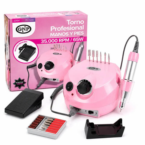 Torno Para Uñas Gnp 35.000 Rpm 65w Pink Ritual. Con Pedal Manos Y Pies Uso Profesional Original Con Transformador Interno Incluye 6 Puntas Soporte Y Bandas De Lija Rosa Claro