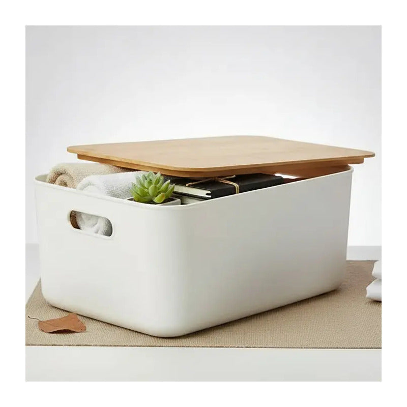 Caja Organizadora Premium Tapa Bambú Home Supply 36x25,5x8cm - Blanco - Glam Bamboo