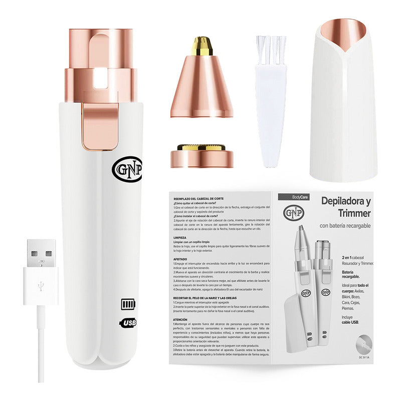 Depiladora Facial Gnp 2 En 1. Recargable Usb Con Luz Y Trimmer