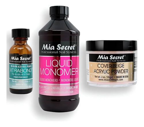 Mia Secret Liquido 240ml, Cover Uñas 59gr, Primer 30ml. Nice