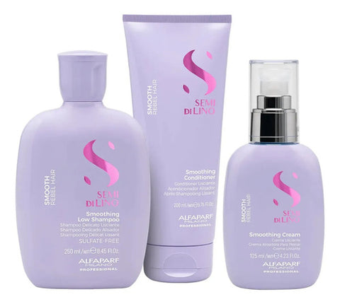 Kit Alfaparf Smooth Shampoo 250ml, Acondicionador 200ml Y Fluido 125ml Brillopara Cabellos Rebeldes