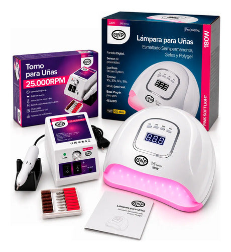Lámpara Uv Para Uñas Gnp 180w Digital + Torno Gnp 25000 Rpm